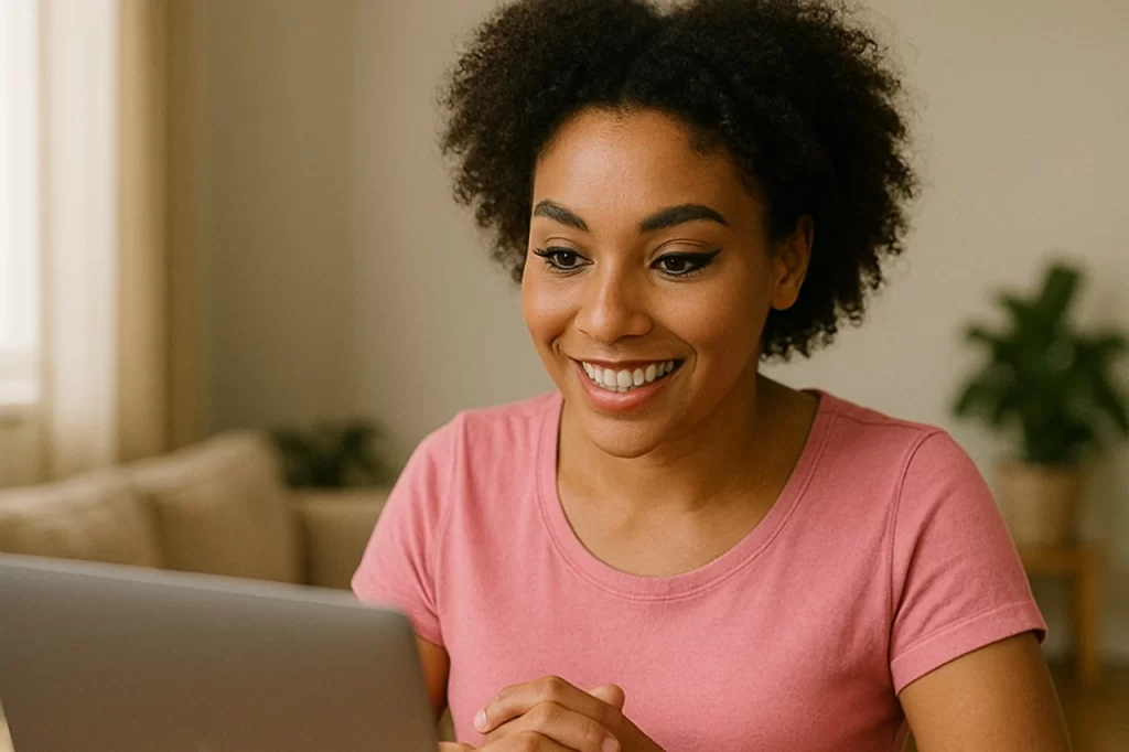 Psicóloga Aline que trabalha com terapia online e fala sobre humor e qualidade de vida